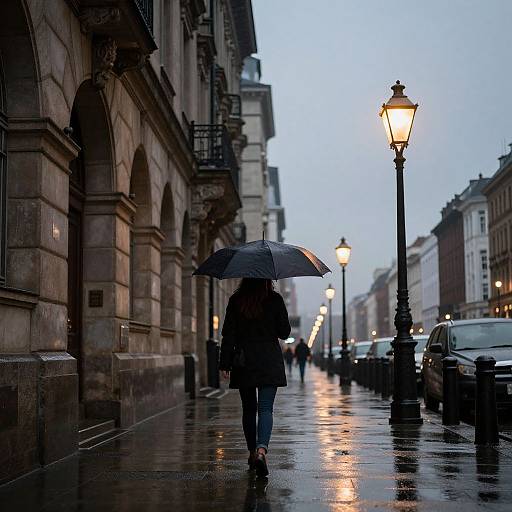 Photograph of a rainy city street at dusk, featuring a lone person with a blue umbrella walking away, reflections on wet pavement, and glowing street lamps