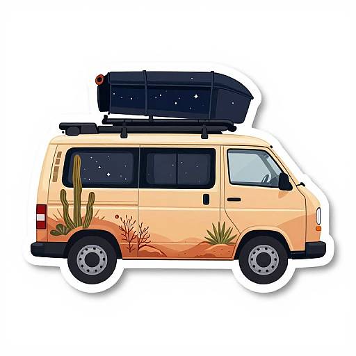 Digital illustration of a beige camper van with desert cactus decals, black roof rack, and rooftop tent, shown in side profile.