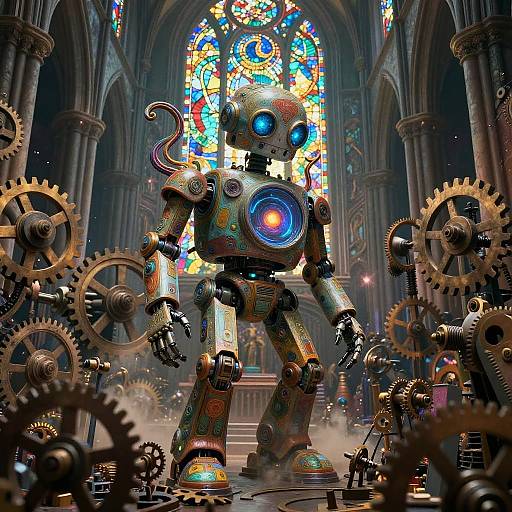 Steampunk robot with colorful, glowing eyes stands amidst large gears in a Gothic cathedral with vibrant stained glass windows. Digital artwork.