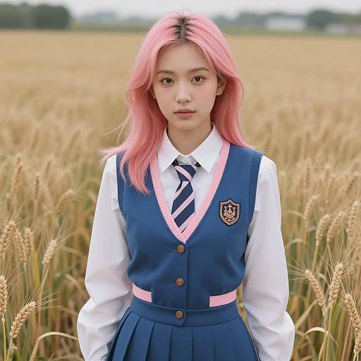 Photograph of a young Asian woman with pink hair in a blue and pink school uniform standing in a golden wheat field.