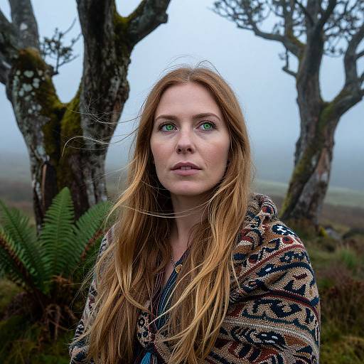Photograph of a red-haired woman with green eyes, wearing a patterned sweater, standing in a foggy forest with moss-covered trees and ferns