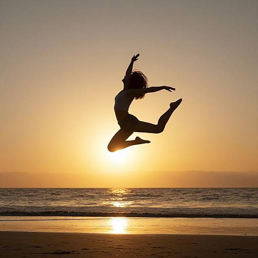 Woman Leaping Into Sunset Freedom