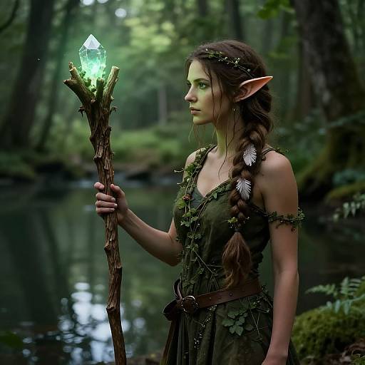 Digital fantasy artwork: Elven woman with long brown braid, green dress, holding glowing crystal-tipped staff, standing by forest stream.