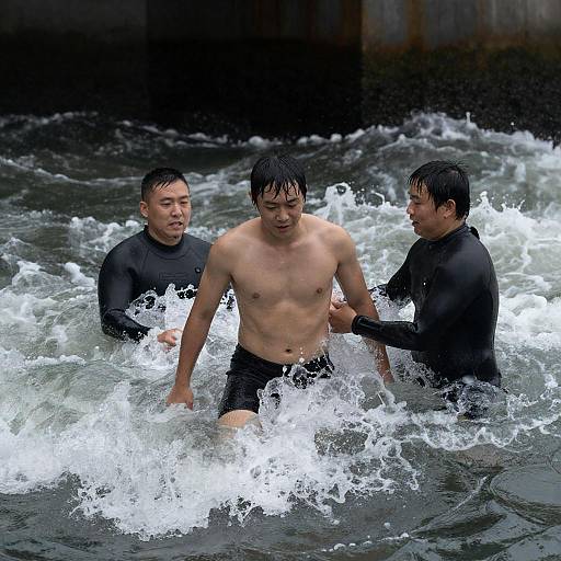 Men Struggling in Urban Waterscape