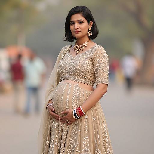 Photograph of a pregnant South Asian woman with black hair, wearing a beige, intricately embroidered traditional outfit, standing outdoors with blurred background.