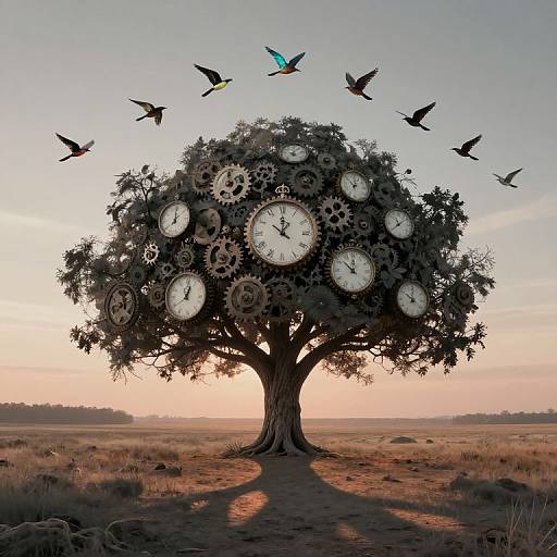 Photograph of a surreal tree with clock gears as leaves, birds flying above, set against a sunset over a grassy field.