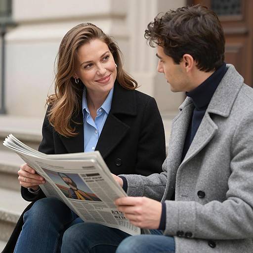 Young Couple Reading Newspaper Outdoors