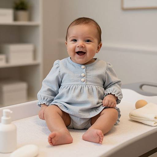 Photograph of a smiling baby with light brown skin, wearing a light blue, buttoned dress, sitting on a white changing table.