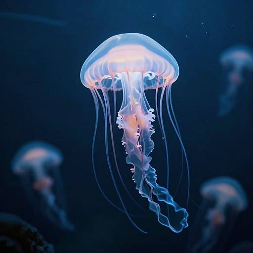 Photograph of a glowing blue and white jellyfish with translucent tentacles, floating in a dark, deep blue underwater environment.