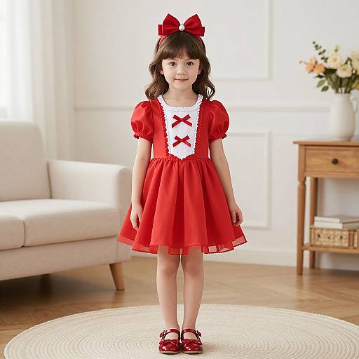 Photograph of a young girl with fair skin, brown hair, and bangs, wearing a red dress with white trim and red bows, red shoes