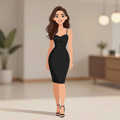 Digital illustration of a smiling woman with long brown hair, wearing a form-fitting black dress and black heels, standing in a modern, minimalist room with