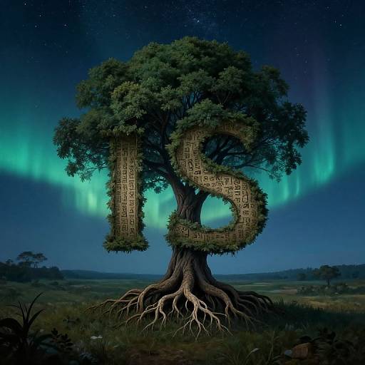 Photograph of a tree with large, intertwined, wooden number 