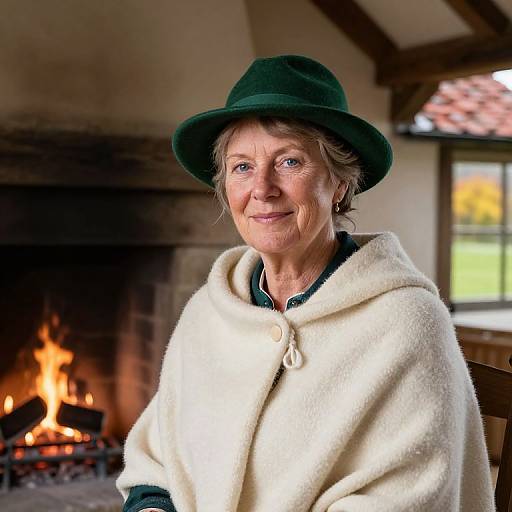 Photograph of an elderly woman with fair skin, light brown hair, green hat, and white woolen cloak, smiling by a cozy, lit fireplace