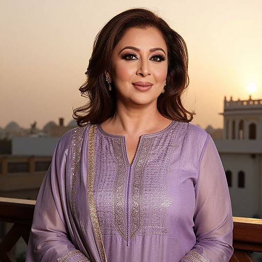 Photograph of a smiling South Asian woman with wavy brown hair, wearing a lavender embroidered traditional kameez, against a sunset skyline.