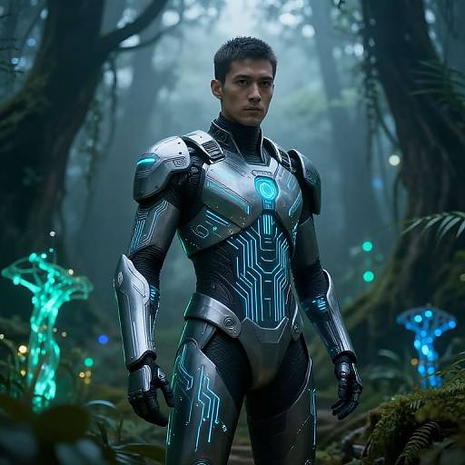 Photorealistic CGI of a muscular man with short dark hair, wearing a glowing blue and silver futuristic armor in a misty, luminescent forest