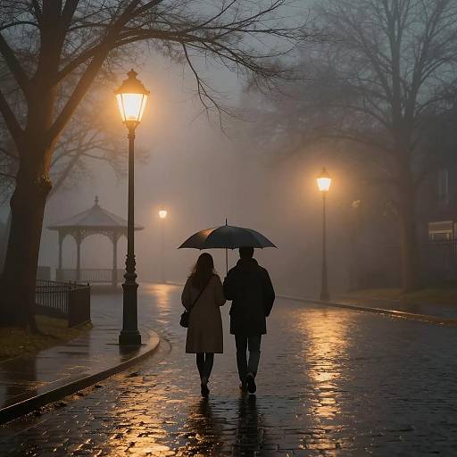 Foggy Night Street Scene with Umbrella