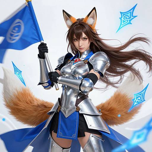 Digital anime-style illustration of a fierce fox-eared woman in silver armor, holding a blue flag, with multiple blue, glowing symbols.