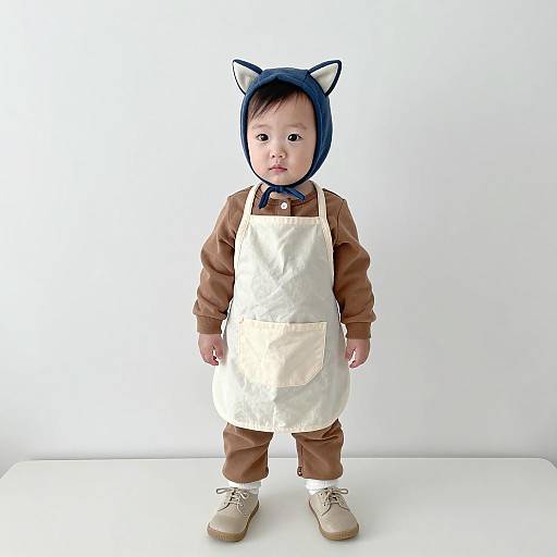 Cute toddler in cat ear hood and apron