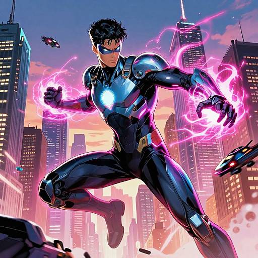 Digital comic art of a muscular, dark-haired man in a black and blue armored suit, glowing blue chest, pink energy blasts, leaping over a