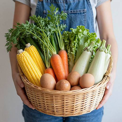 Photograph of a person in blue denim overalls holding a wicker basket filled with fresh carrots, corn, parsley, zucchinis, and