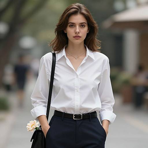 Photograph of a young woman with medium-length brown hair, wearing a white button-up shirt, black pants, black shoulder bag, and necklace, holding