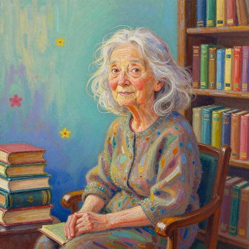 Serene Elderly Woman in Rustic Library