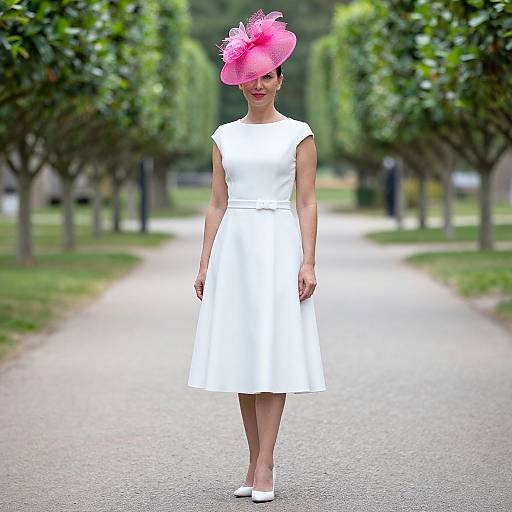 Photograph of a woman in a white knee-length dress and white shoes, wearing a bright pink fascinator, standing on a tree-lined pathway.