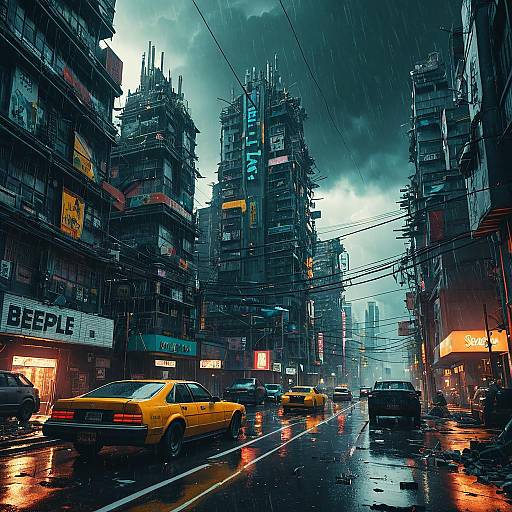 Post-Apocalyptic Futuristic Cityscape in Rain