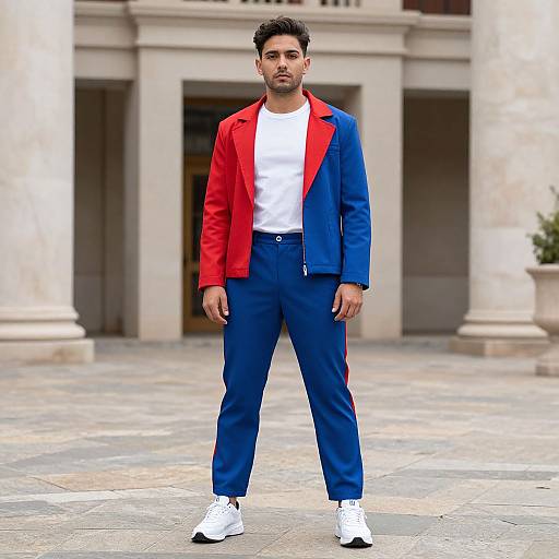 Photograph of a man with dark hair and beard, wearing a red and blue blazer, white t-shirt, blue pants, and white sneakers,