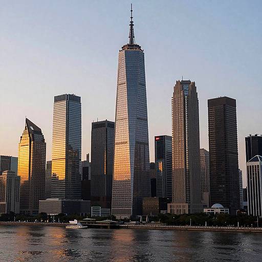 Photograph of New York City skyline at sunset, featuring One World Trade Center prominently illuminated, surrounded by reflective skyscrapers against a clear blue sky.
