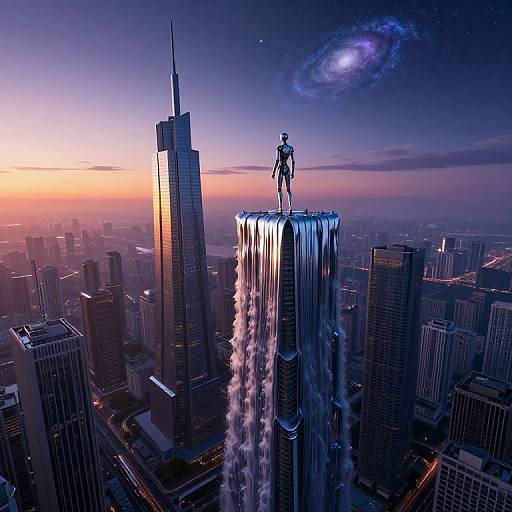 CGI image of a superhero standing on the edge of a glowing, water-dripping skyscraper at sunset, with a galaxy in the night sky