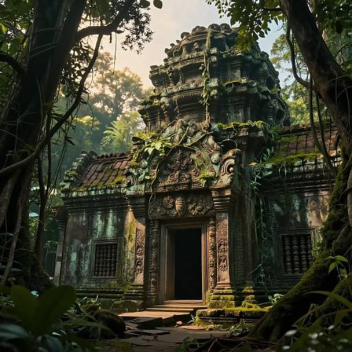 Photograph of an ancient, moss-covered temple entrance in a dense jungle, with intricate carvings, sunlight filtering through trees, and vines climbing the