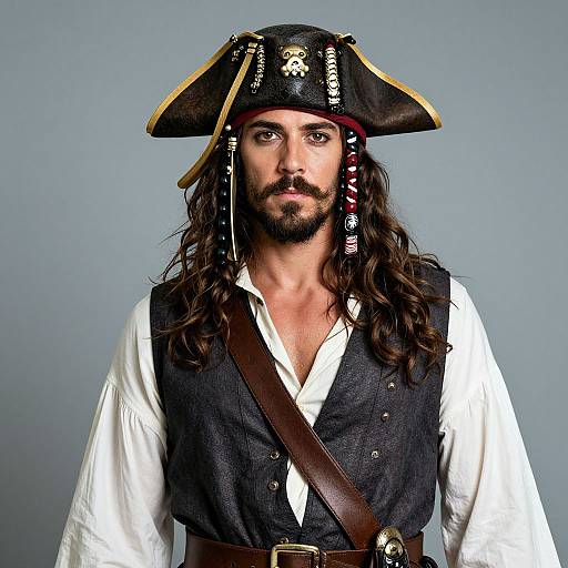 Photograph of a bearded man with long brown hair, wearing a black tricorn hat, white shirt, and dark vest, resembling a pirate against