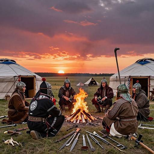 Photograph of six medieval warriors in armor gathered around a campfire at sunset, with tents in the grassy field background.