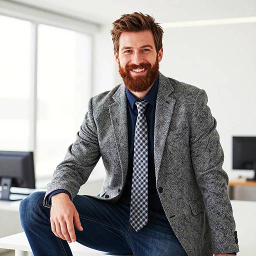Smiling Bearded Man in Patterned Blazer