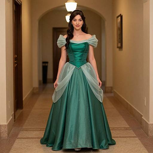 Photograph of an Asian woman with long black hair, wearing an off-shoulder, teal, fairy tale-style ball gown, standing in a dim