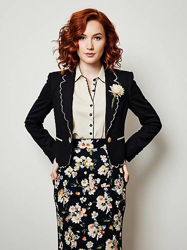 Redhead Woman in Floral Pencil Skirt and Cropped Blazer