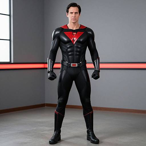 Photograph of a muscular man in a black, textured superhero suit with red accents, standing in a gray-walled room with red lighting.