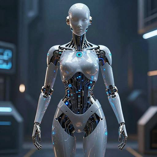 Photorealistic CGI of a sleek, futuristic female humanoid robot with shiny silver and black metallic body, blue LED lights, and a futuristic industrial background.