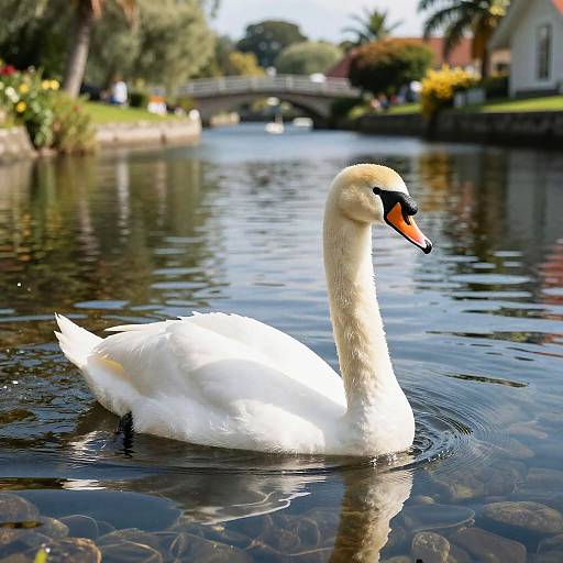 Photograph of a white swan with a black beak and orange bill gliding on a calm, reflective pond surrounded by lush greenery and a