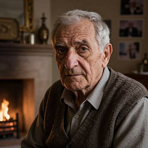 Photograph of an elderly man with wrinkled skin, gray hair, wearing a gray sweater over a button-up shirt, sitting in front of a lit