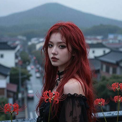 Redhead Goth Woman with Spider Lilies in Rain