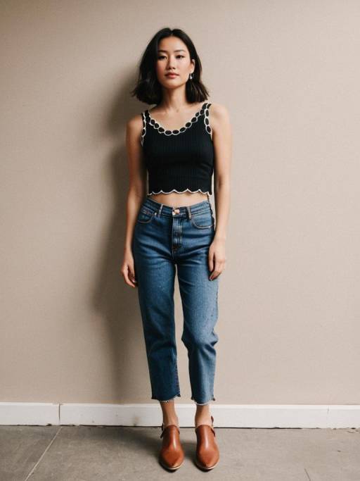 Casual Chic Woman in Cropped Black Tank and Blue Jeans