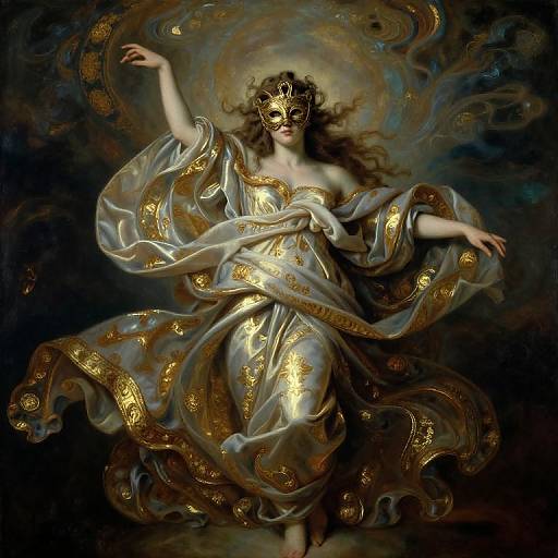 Baroque-style painting of a ethereal woman with long brown hair, wearing a golden masquerade mask and flowing, gold-embellished white