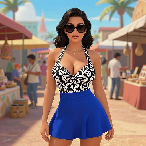 CGI image of a curvy woman with black hair, large sunglasses, black-and-white floral halter top, and blue skirt, standing confidently in