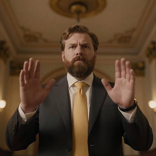 Serious man in suit with hands raised