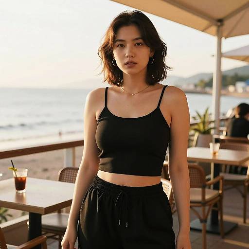 Stocky Woman at Sunrise Seaside Café