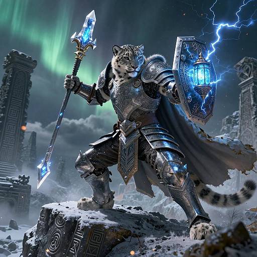 Scarred Snow-Leopard Battle-Mage on Icy Cliff