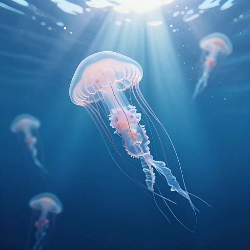 Photograph of glowing jellyfish underwater, illuminated by bright sunlight filtering from above, with several jellyfish in the blue ocean background.