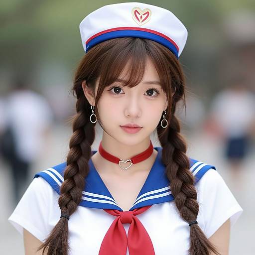 Photograph of an Asian woman in a sailor-style school uniform with braided brown hair, white hat, red choker, and blue-white outfit.